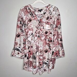 Cocomo Womens 3X Pink Cream Floral Pleated Popover Top Short Sleeve Pockets